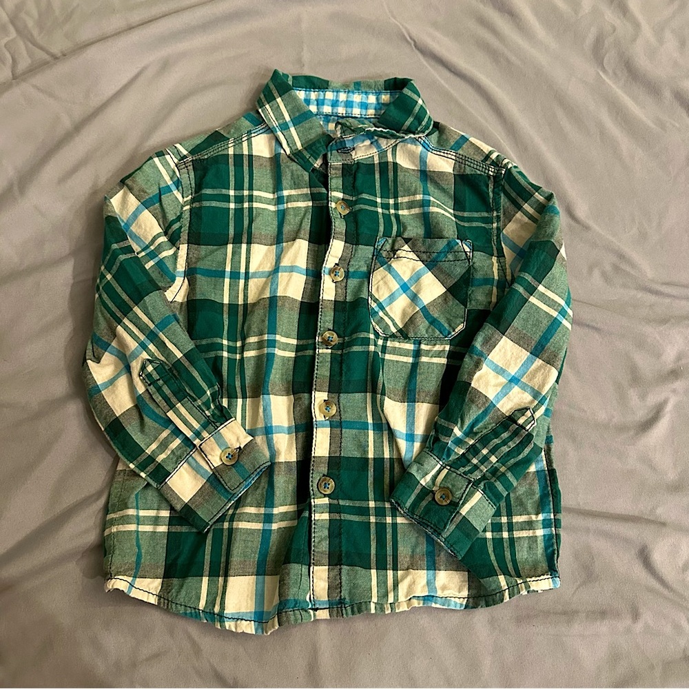 Cherokee - Button Down Plaid Shirt - Green - Sz: 3T